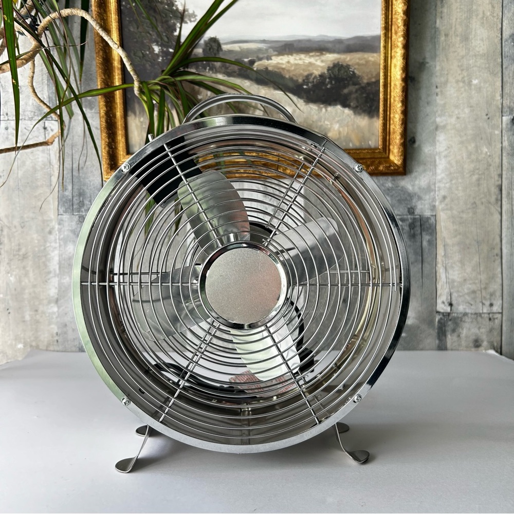 🌴 Silver Retro Metal Drum Fan | 12 Inch | Dual Speed | Table Fan